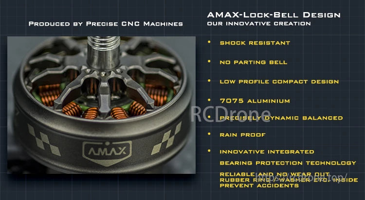 AMAX 2005 Competition Brushless Motor. AMAX 2005 motor features shock-resistant. low-profile design. 7075 aluminum. rainproof. integrated bearing protection. and reliable rubber ring/washer for safety.