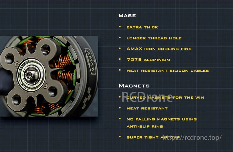 AMAX 2005 Competition Brushless Motor, AMAX 2005 motor features a robust design with cooling fins, 7075 aluminum, and curved magnets for efficient performance.