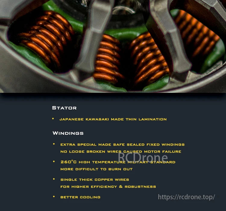 AMAX 2005 Competition Brushless Motor, AMAX 2005 motor features Kawasaki stator, sealed windings, 260°C resistance, thick copper wires, and improved cooling for efficiency.
