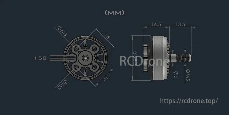 AMAX 2207 Bando Competition Brushless Motor, AMAX 2207 brushless motor, ideal for FPV racing and freestyle drones, features Ø3mm, 16.5mm, 13.5mm dimensions, and 150mm length.