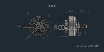 AMAX 2207 Bando Competition Brushless Motor, AMAX 2207 brushless motor, ideal for FPV racing and freestyle drones, features Ø3mm, 16.5mm, 13.5mm dimensions, and 150mm length.