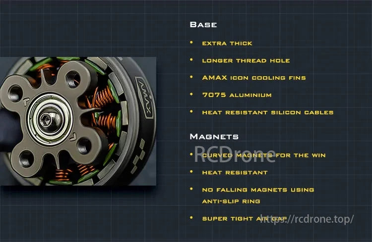 AMAX 2207 Bando Competition Brushless Motor, AMAX 2207 motor features extra-thick base, cooling fins, 7075 aluminum, heat-resistant cables, and curved magnets for enhanced performance.