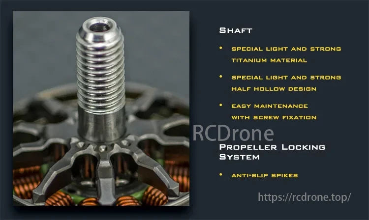 AMAX 2207 Bando Competition Brushless Motor, AMAX 2207 Bando motor features a titanium shaft, half hollow design, easy maintenance, and anti-slip spikes for secure propeller locking.