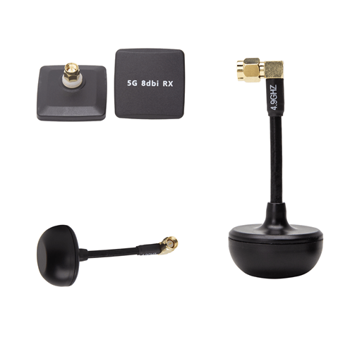 FPV audio & video antenna close-ups showing 5G 8dBi RX patch and mushroom antenna with 4.9GHz label
