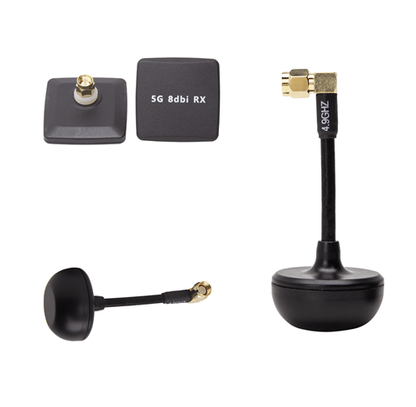 FPV audio & video antenna close-ups showing 5G 8dBi RX patch and mushroom antenna with 4.9GHz label