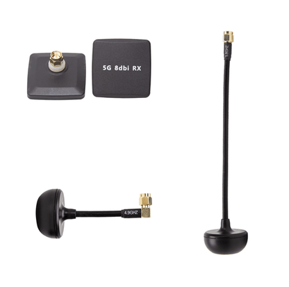 FPV audio & video antenna set showing patch RX and mushroom antenna with SMA connectors, multiple angles