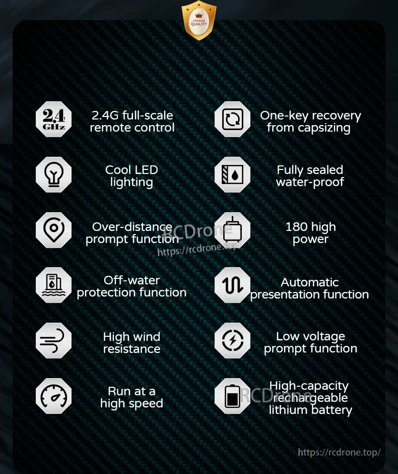 ANTSIR HJ812 RC Boat, 2.4G remote, LED lights, waterproof, high-power drone with auto-recovery, wind resistance, speed, low-voltage alert, and rechargeable battery.