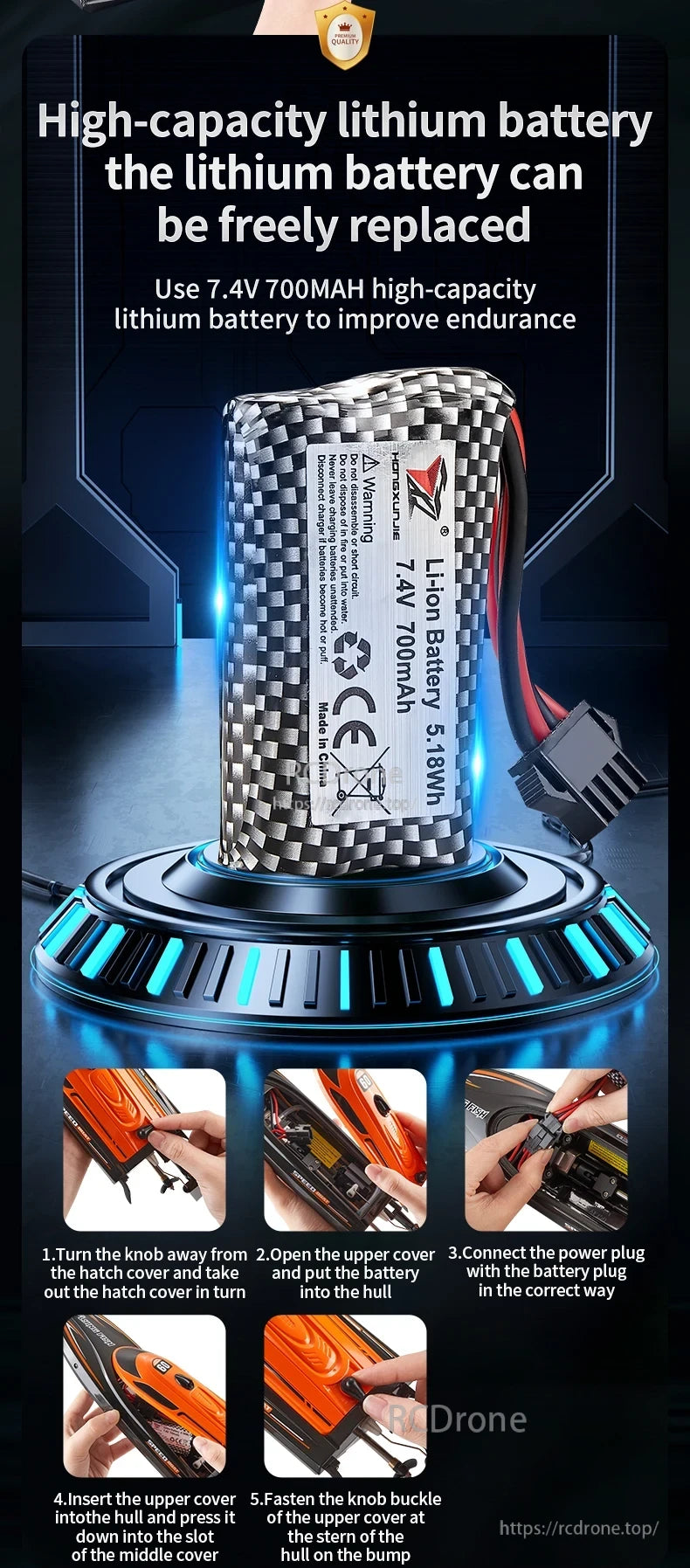 Replaceable 7.4V 700mAh Li-ion battery for ANTSIR HJ812 RC Boat; simple installation steps; made in China.