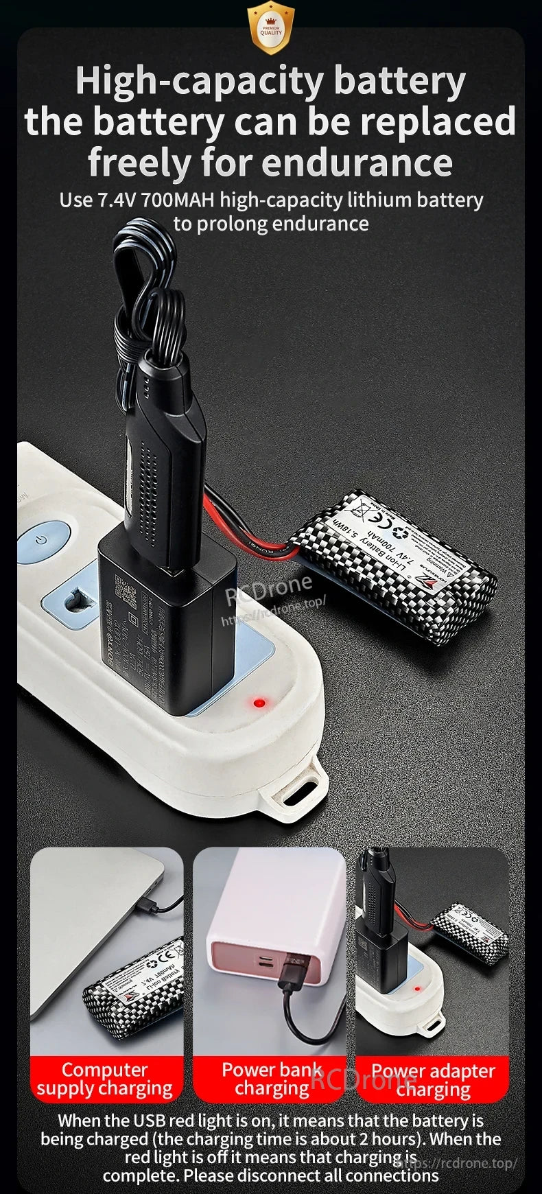 ANTSIR HJ812 RC Boat, 7.4V 700mAh lithium battery offers long flight time, charges via computer, power bank, or adapter in ~2 hours. Red USB light indicates charging status. Premium quality with clear charging illustrations.