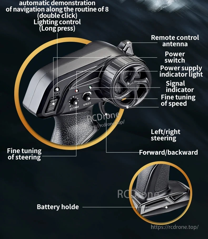 ANTSIR HJ812 RC Boat, Components include antenna, power switch, lights, tuning controls, directional controls, battery holder, and lighting control. (16 words)