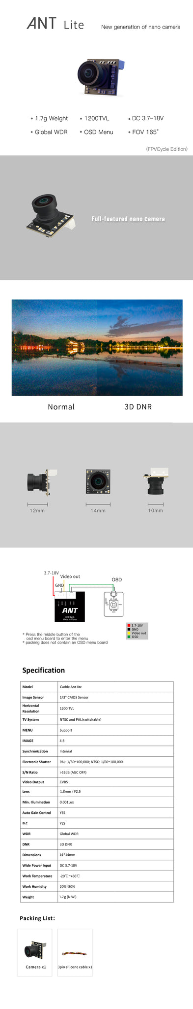 CaddxFPV Analog FPV Camera, ANT Lite Nev geration of NANG camera -7g Weight 1200