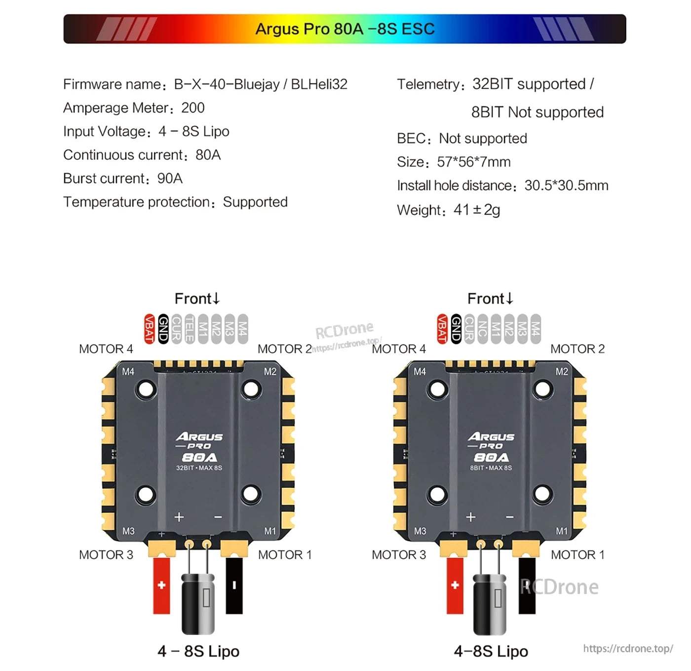 ARGUS Pro 80A Drone, ARGUS Pro 80A ESC: 4–8S LiPo, 80A continuous, 90A burst, 32BIT telemetry, 200A meter, temp protection, M1–M4 motors, 57×56×7mm, 41±2g.