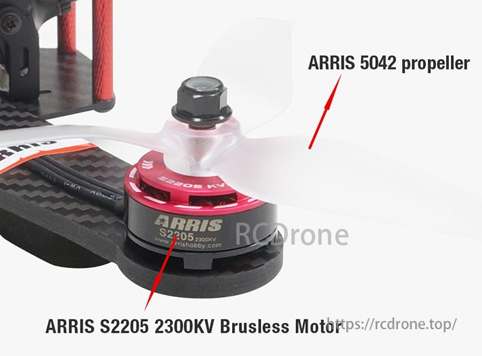 ARRIS X-Speed 250B 6-Inch FPV, The ARRIS 5042 propeller and S2205 2300KV Brushless Motor are key components in a drone setup.