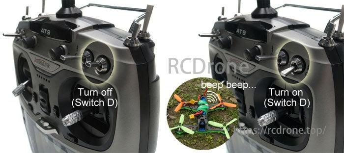 ARRIS X-Speed 250B 6-Inch FPV, AT9 remote control: Turn off/on with Switch D. Drone displayed in circular inset.