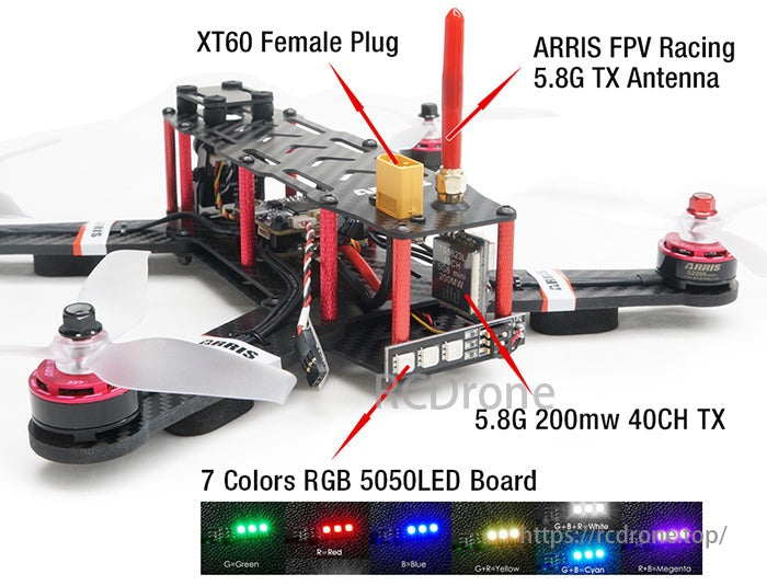 ARRIS X-Speed 250B 6-Inch FPV, XT60 plug, ARRIS FPV 5.8G TX antenna, RGB LED board, 5.8G 200mw 40CH transmitter, 7 colors.