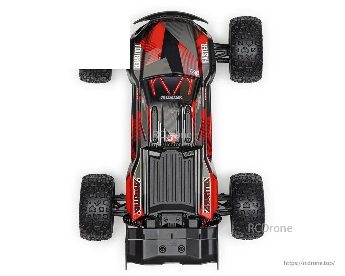Top-down view of ARRMA Mini Kraton 1/16 4x4 RC monster truck in black/red with knobby tires