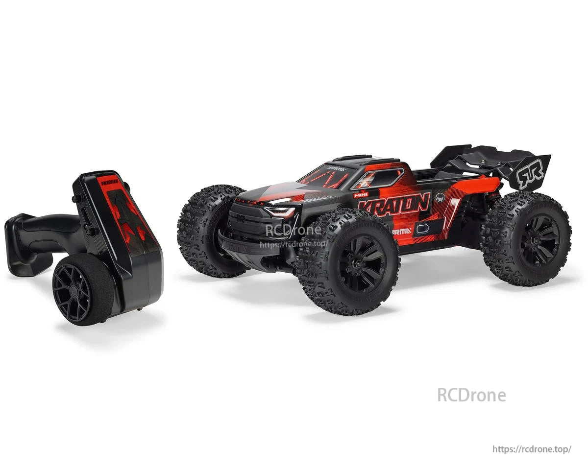 ARRMA Mini Kraton 1/16 4x4 RC monster truck in black/red with large tires and Spektrum SLT2 transmitter
