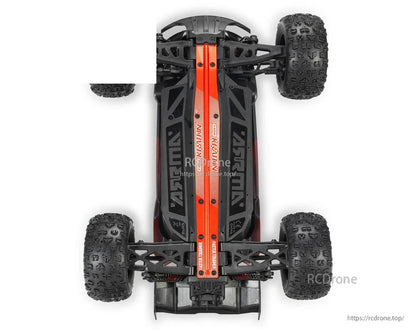 Top view of ARRMA Mini Kraton 4x4 RC monster truck chassis with red center brace and knobby tires