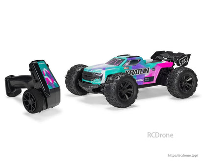 ARRMA Mini Kraton 1/16 RTR RC monster truck in teal and pink with pistol-grip 2.4GHz transmitter