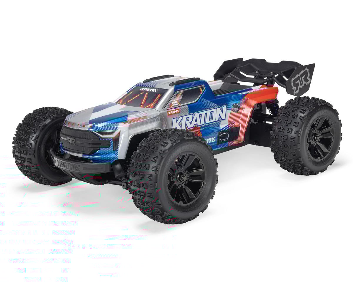 ARRMA Mini Kraton 4x4 RC monster truck in red and blue body with rear wing and large knobby tires