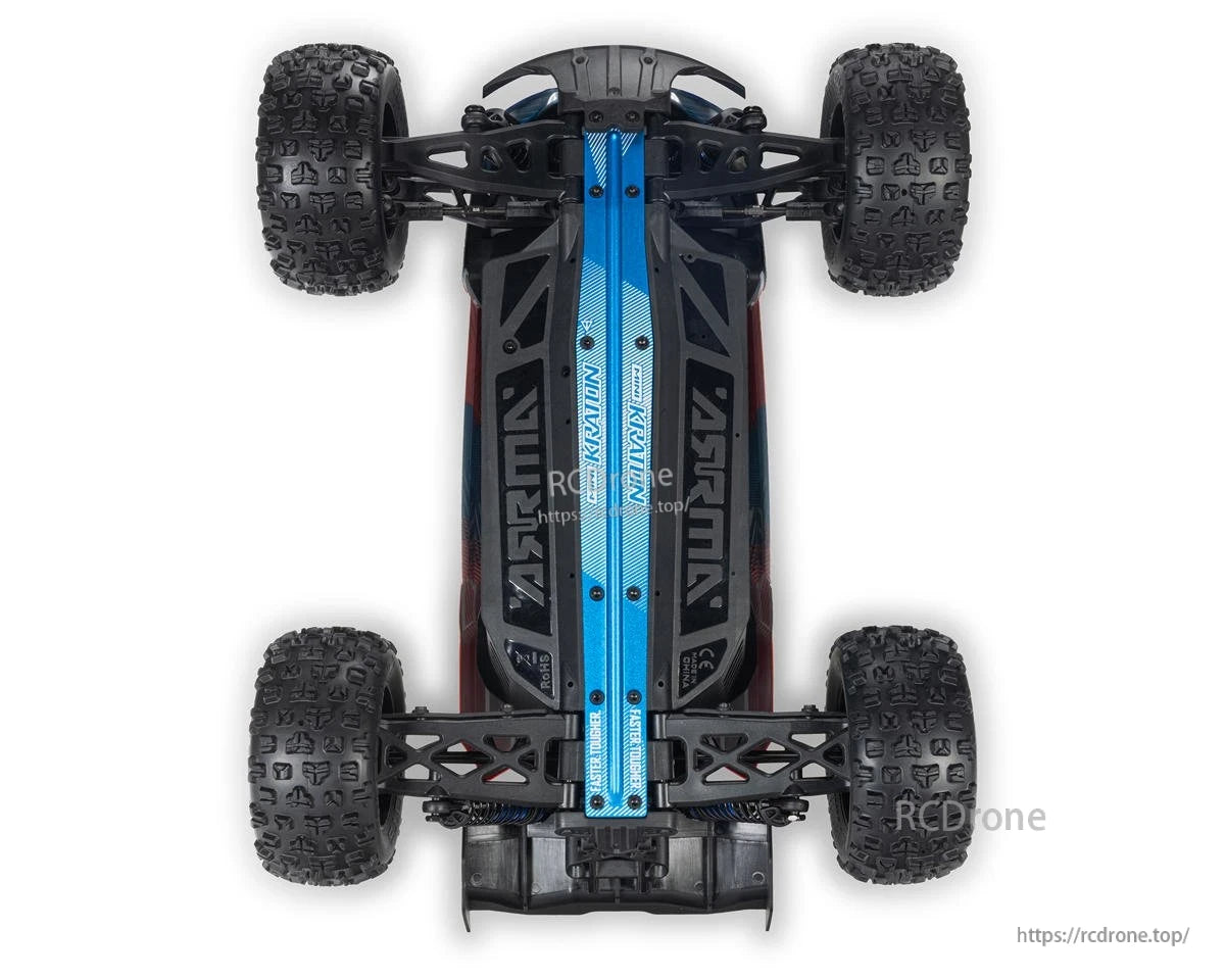 Top-down view of ARRMA Mini Kraton 1/16 4x4 monster truck chassis with blue center brace and knobby tires
