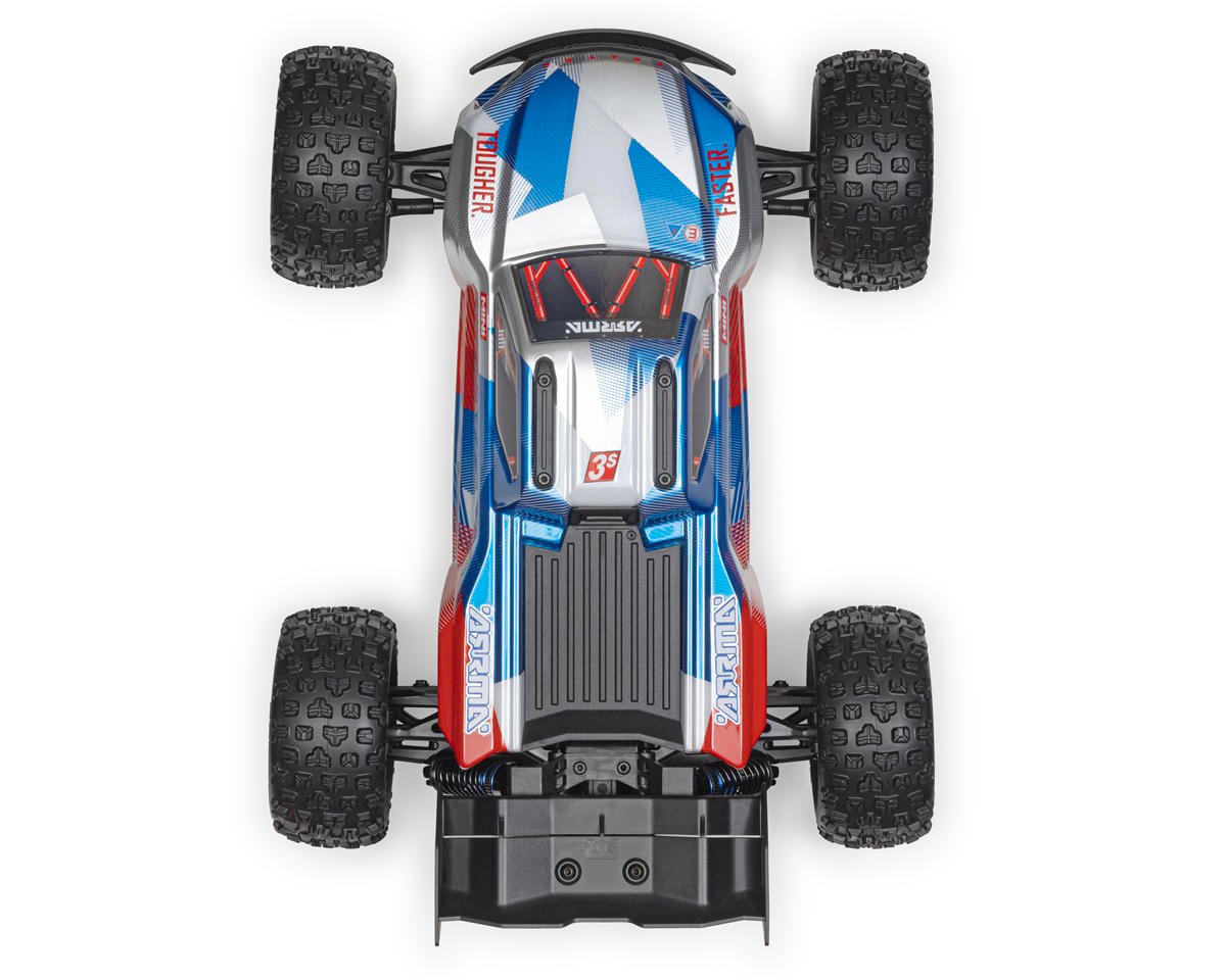 Top view of ARRMA Mini Kraton 1/16 4x4 RTR monster truck body in red, blue and silver with chunky tires