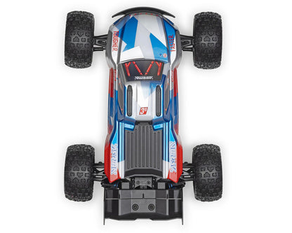 Top view of ARRMA Mini Kraton 1/16 4x4 RTR monster truck body in red, blue and silver with chunky tires