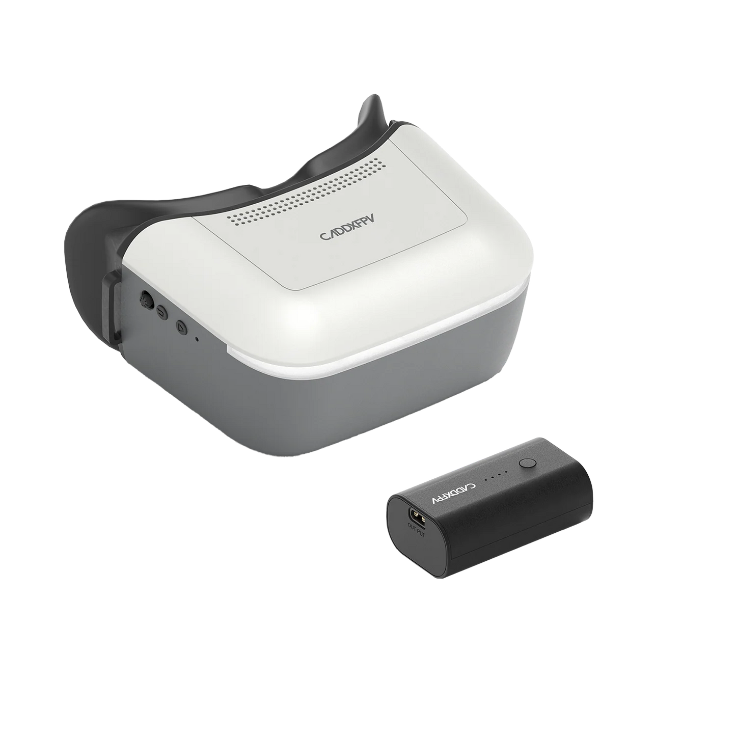 Walksnail Ascent Goggle FPV headset with separate battery pack, white and gray three-quarter view