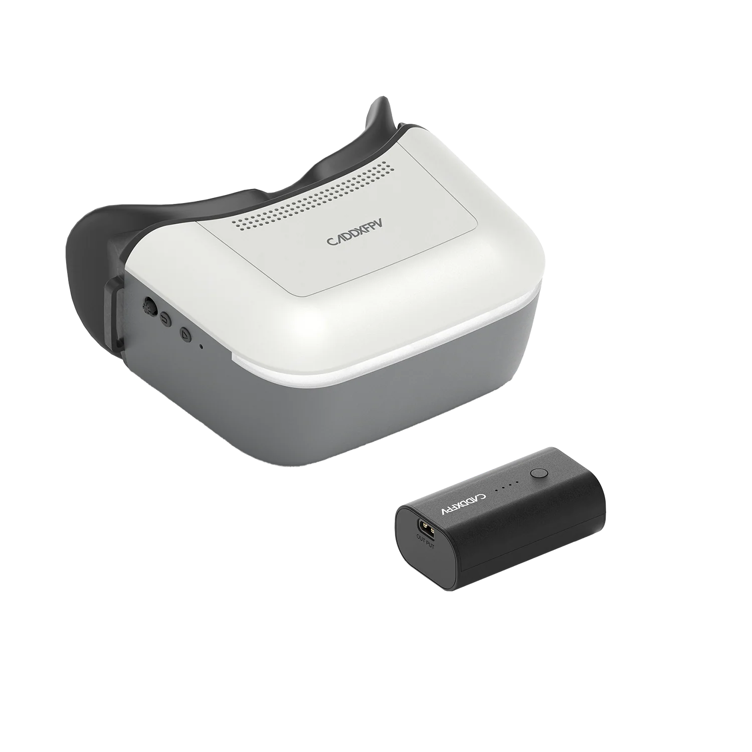 Walksnail Ascent Goggle FPV headset with separate battery pack, white and gray three-quarter view