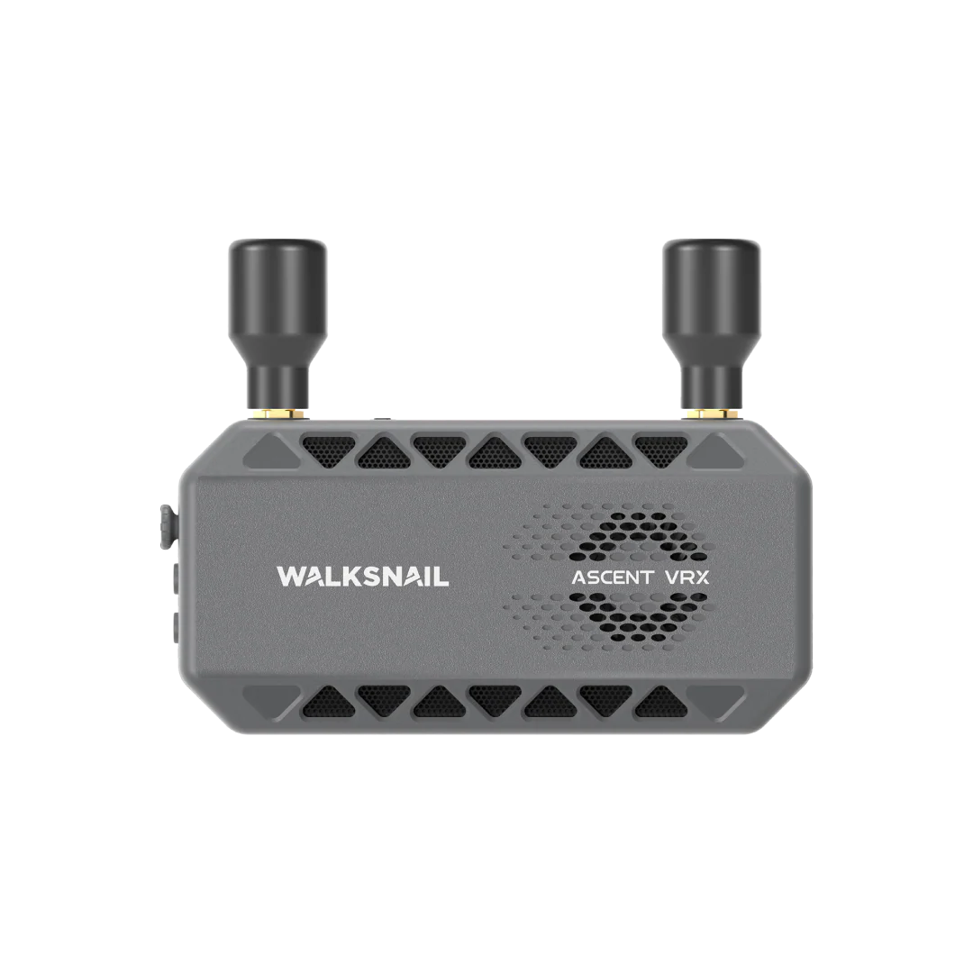 Walksnail Ascent FPV VRX receiver front view with dual antennas and vented gray housing