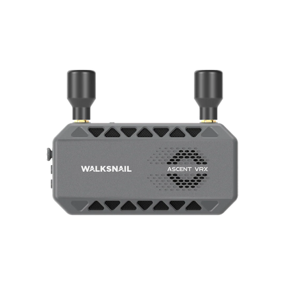 Walksnail Ascent FPV VRX receiver front view with dual antennas and vented gray housing