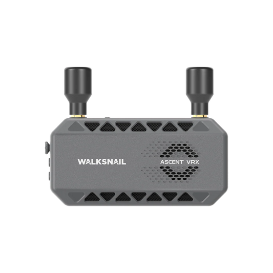 Walksnail Ascent FPV VRX receiver front view with dual antennas and vented gray housing