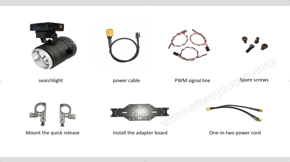 The ASL03 Drone Searchlight has a power-controlled searchlight with PWM signal, plus spare screws and a quick-release mechanism.