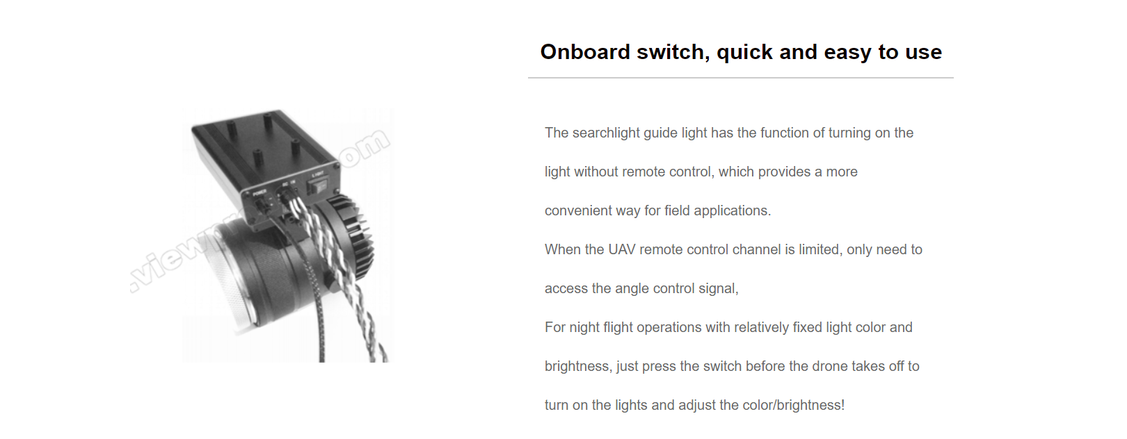 ASL03 Drone Searchlight, The onboard switch makes using the ASL03 searchlight easy and intuitive.