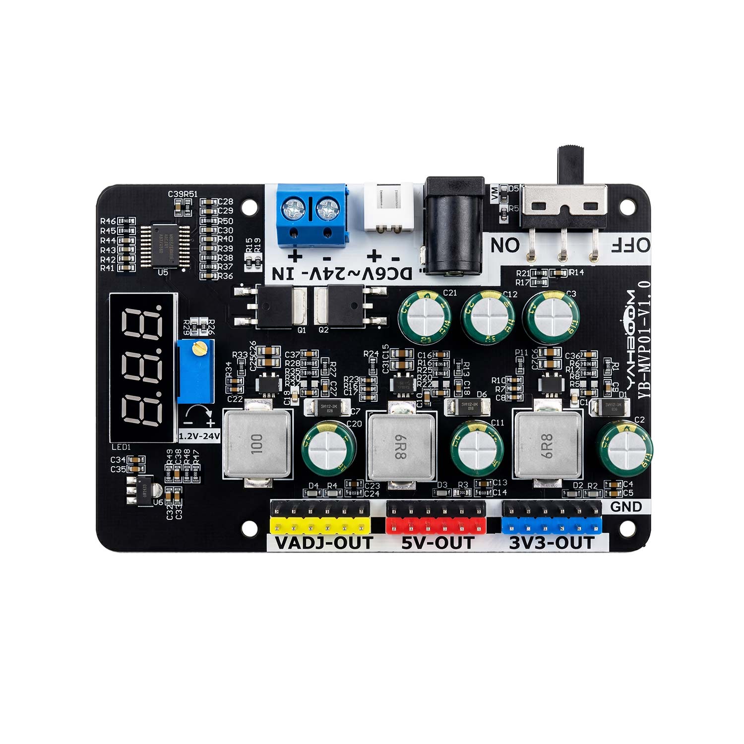 Yahboom YB-MVP01-V1.0 DC-DC step-down regulator module with 3-digit display, 5V/3.3V outputs