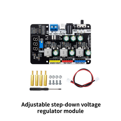 Package contents: Yahboom YB-MVP01-V1.0 step-down regulator module, standoffs, screws, screwdriver, JST lead
