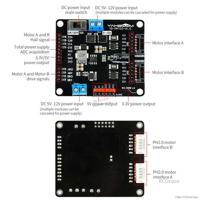AT8236 main controller board labeled I/O including motor interfaces A/B, power input, 5V and 3.3V outputs