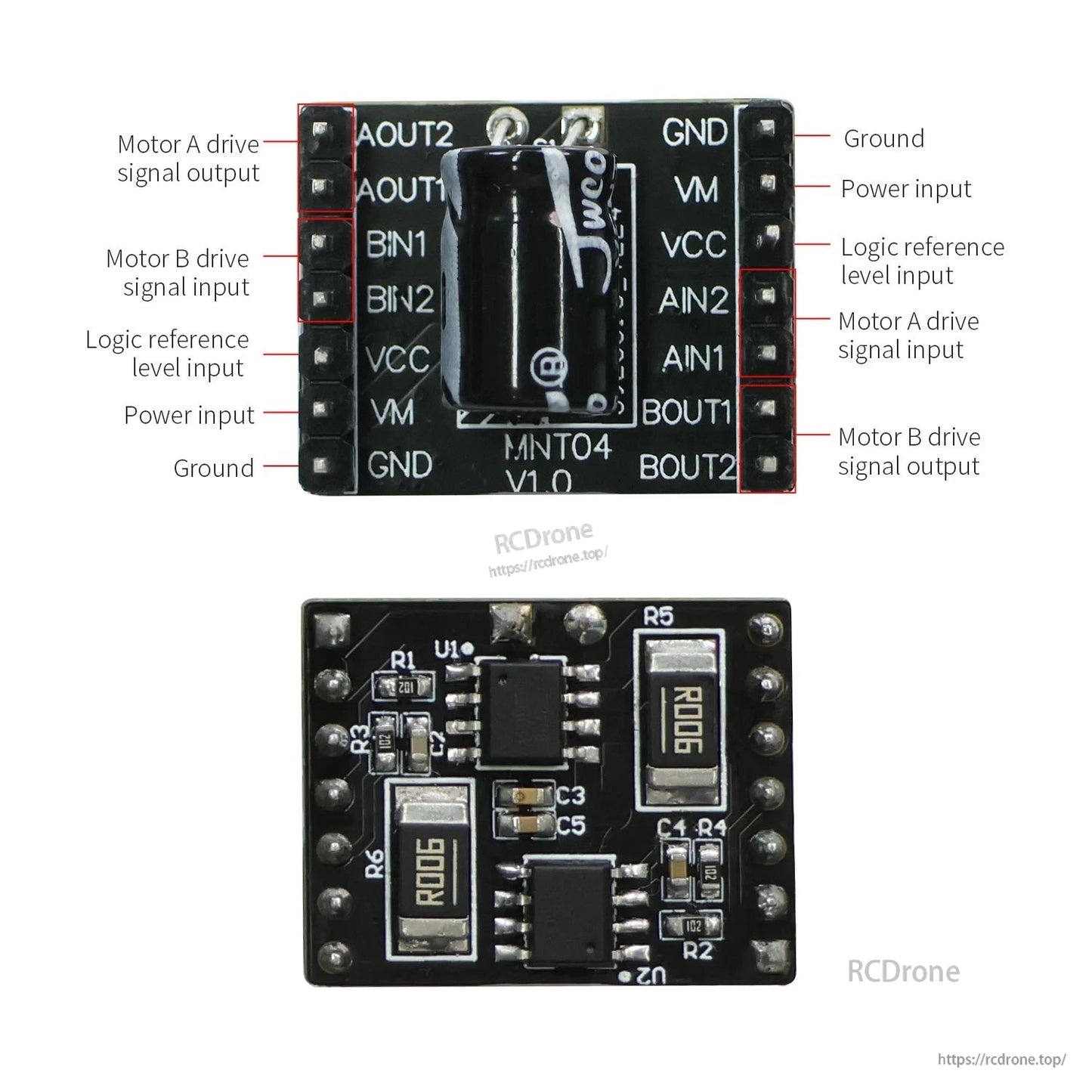AT8236 motor driver module pin labels for AOUT/BOUT, BIN, VM, VCC and GND, top and bottom views