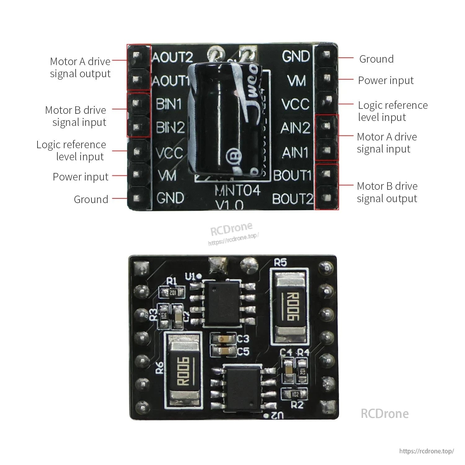 AT8236 motor driver module pin labels for AOUT/BOUT, BIN, VM, VCC and GND, top and bottom views