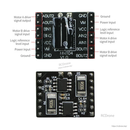 AT8236 motor driver module pin labels for AOUT/BOUT, BIN, VM, VCC and GND, top and bottom views