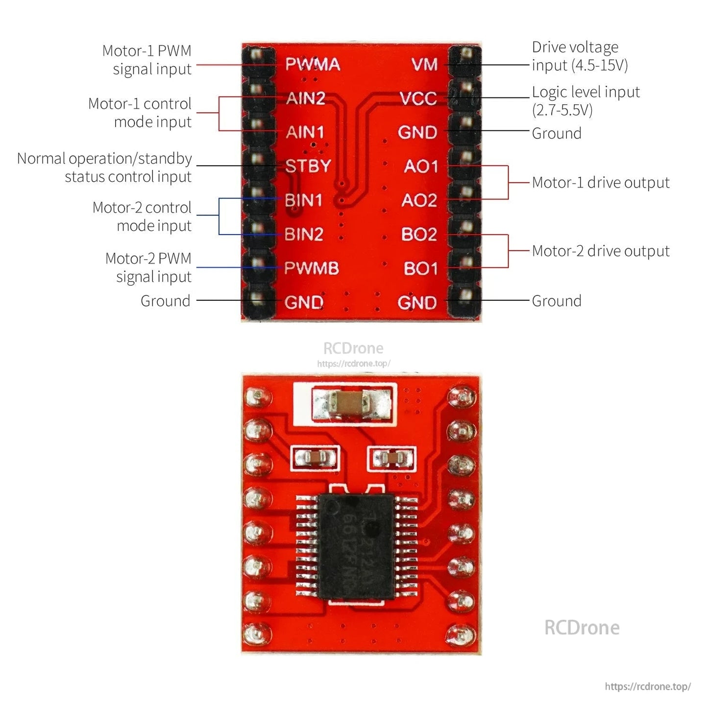 TB6612FNG motor driver pinout diagram showing PWMA/PWMB, AIN/BIN, STBY, AO/BO outputs