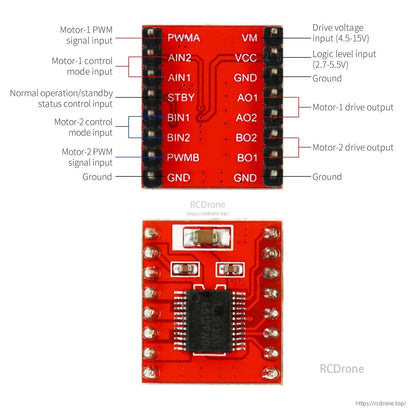 TB6612FNG motor driver pinout diagram showing PWMA/PWMB, AIN/BIN, STBY, AO/BO outputs