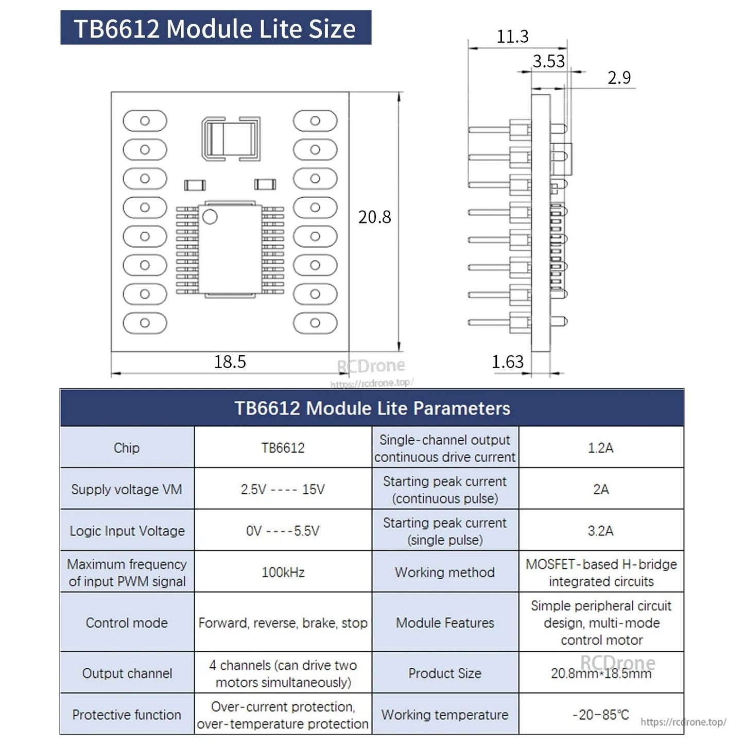 TB6612 module lite size drawing with dimensions and operating parameter table
