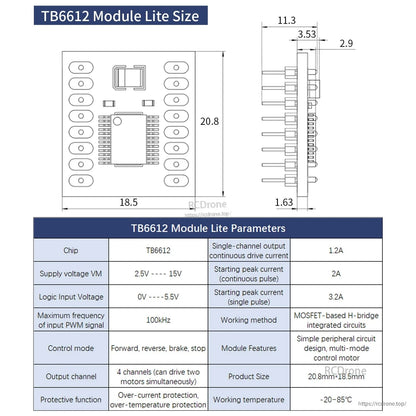 TB6612 module lite size drawing with dimensions and operating parameter table