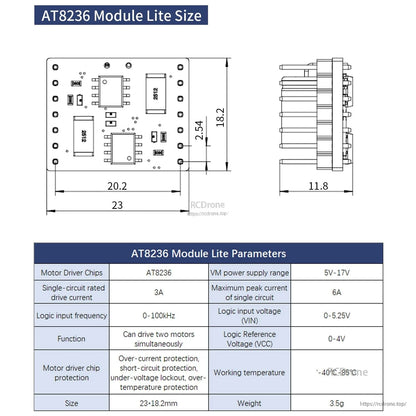 AT8236 module lite size diagram showing footprint, thickness, and parameter table