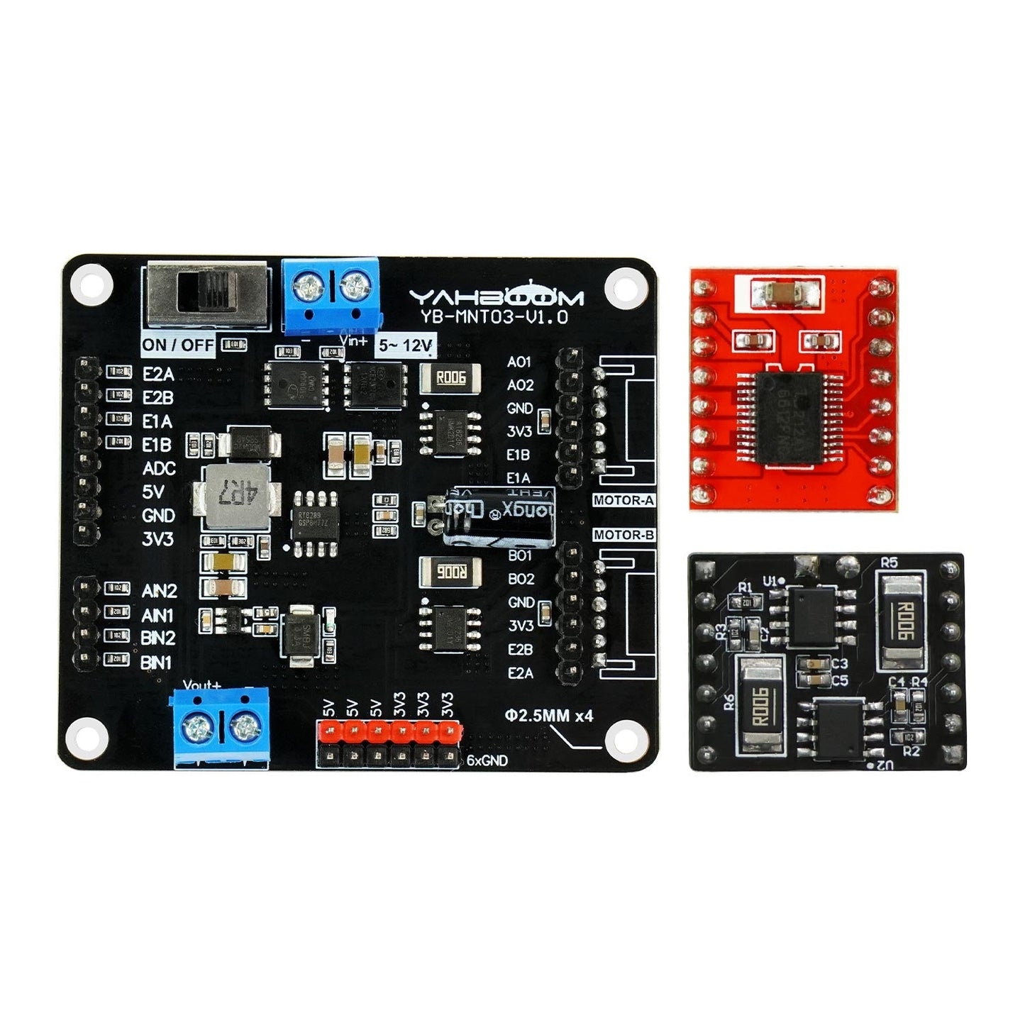 AT8236 dual-channel motor drive module board with TB6612 driver boards and labeled terminals
