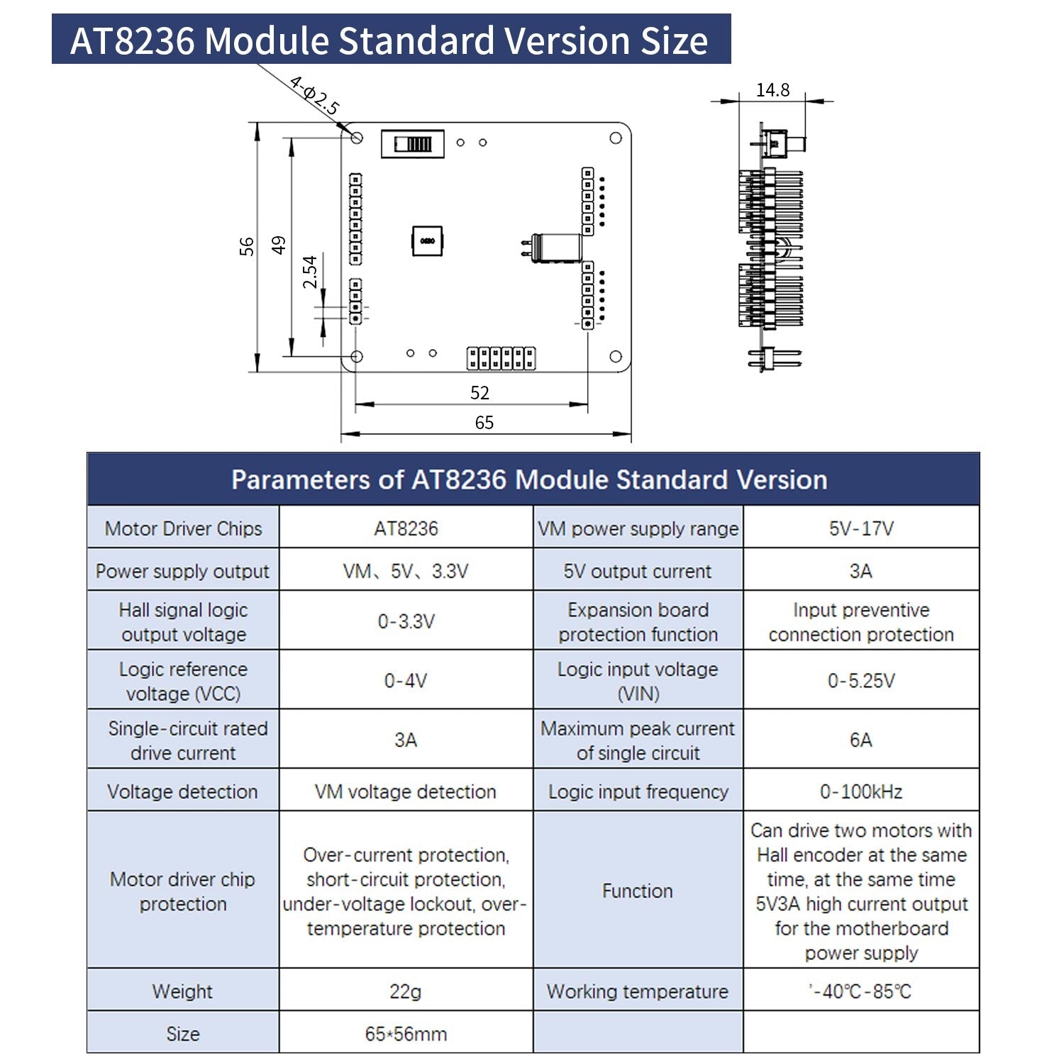 AT8236 module standard version size drawing with dimensions and electrical parameter table