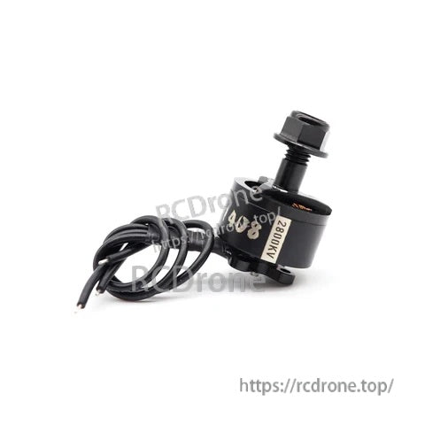 Side view of ATOMRC 1408 motor with 2800KV label, threaded prop shaft and mounting base visible