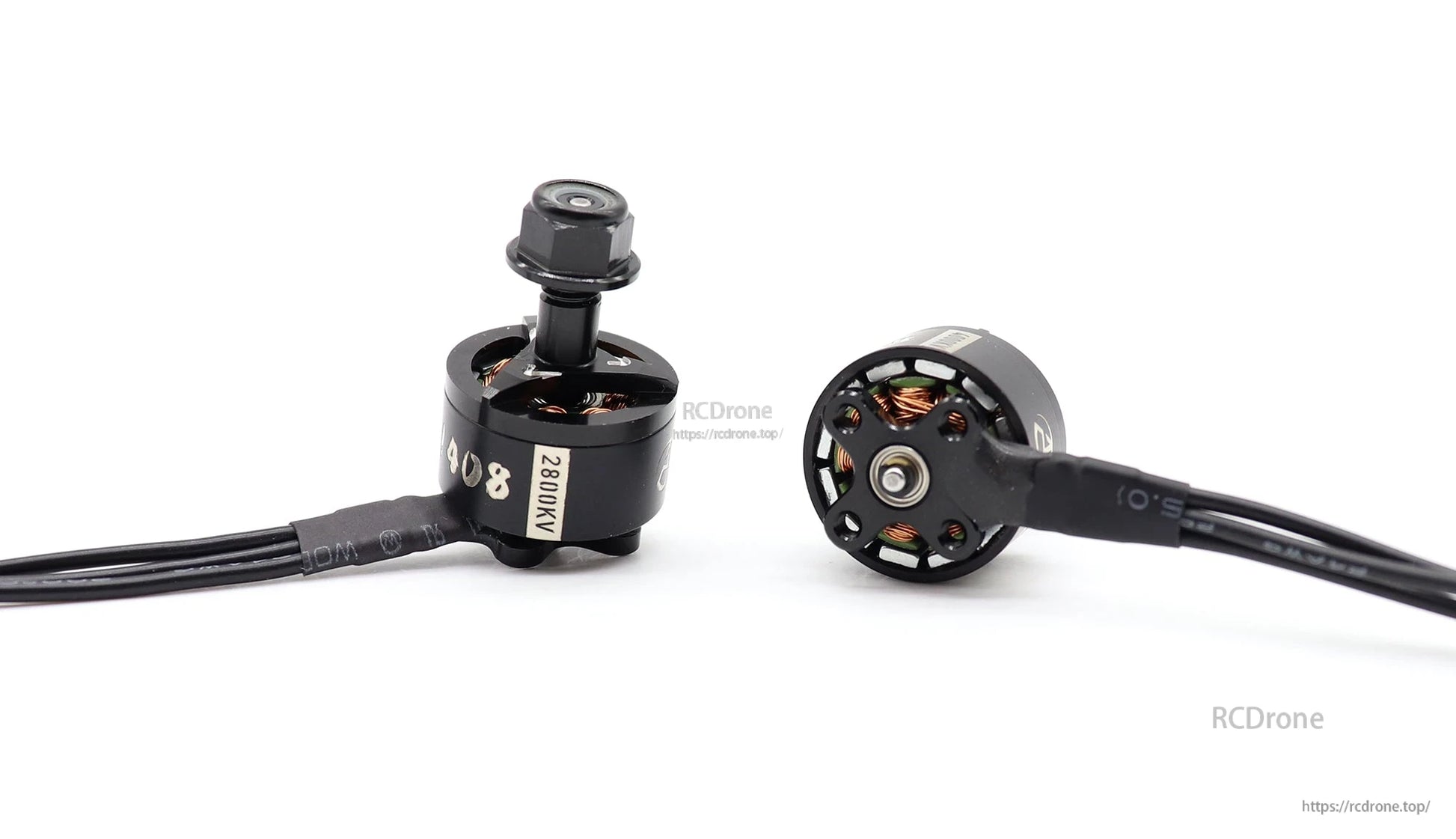 ATOMRC 1408 brushless motor pair showing side and bottom views with cable leads