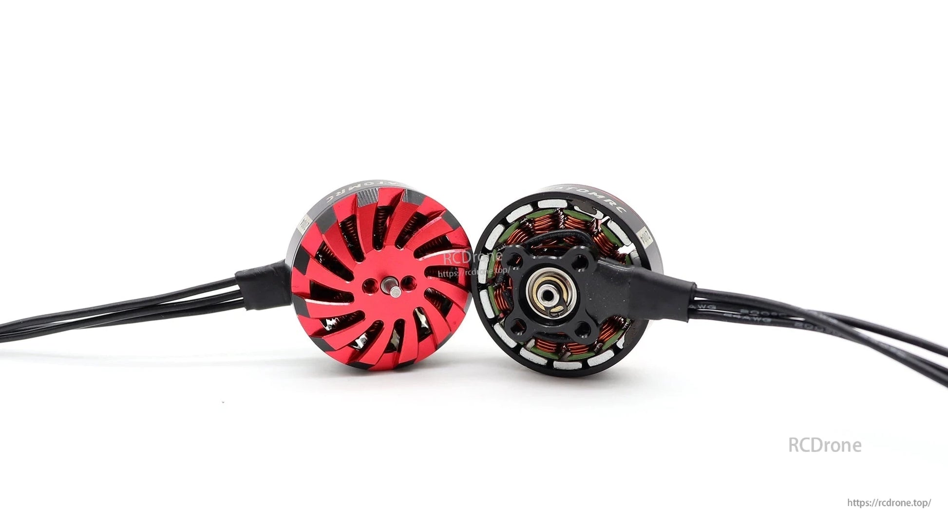 Front and rear comparison showing rotor cap and open base with copper windings and bearing